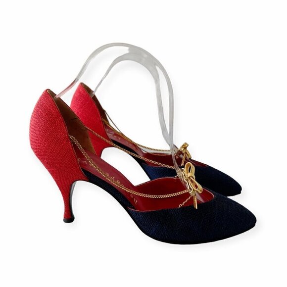 Vintage Herbert Levine Red & Navy D'Orsey Pumps with Gold Chain & bow trim, 7.5B - Picture 14 of 16